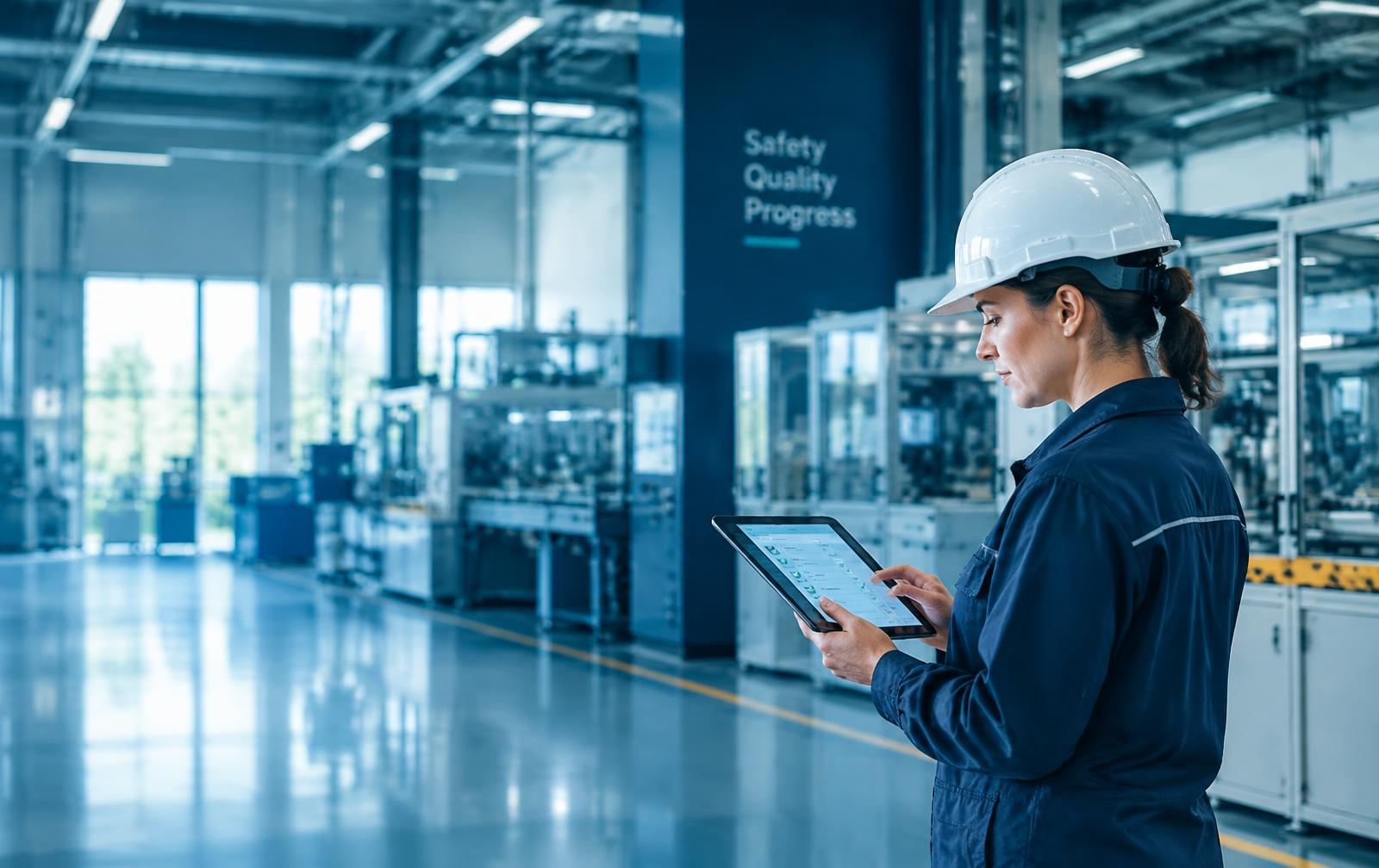 Quality auditor reviewing a checklist in a manufacturing facility