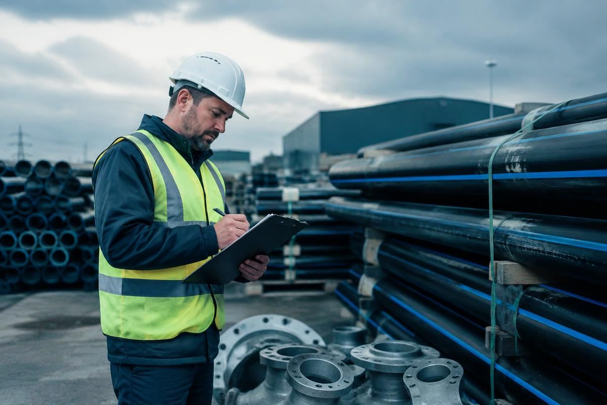 Inspector checking HDPE pipes and steel fittings