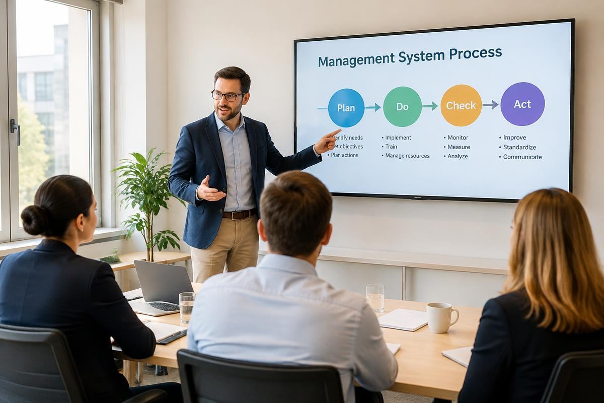 Trainer presenting a management system process to professionals